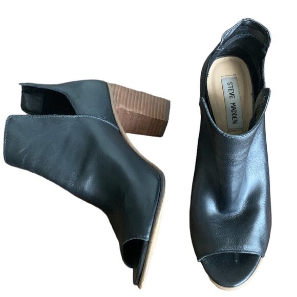 Steve Madden Nello Leather Open Toe Bootie Stack Heel 6.5M Black 135E - Picture 4 of 8